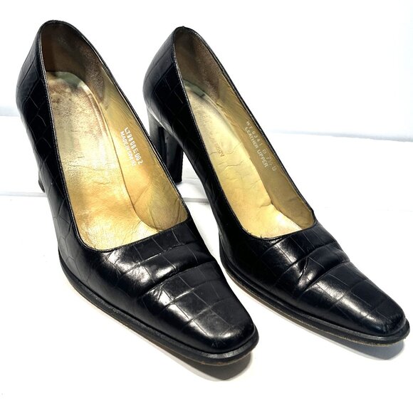RALPH LAUREN Vintage Black Leather Embossed Croc Heels Made in Spain 7-1/2B EU38 - Picture 1 of 10